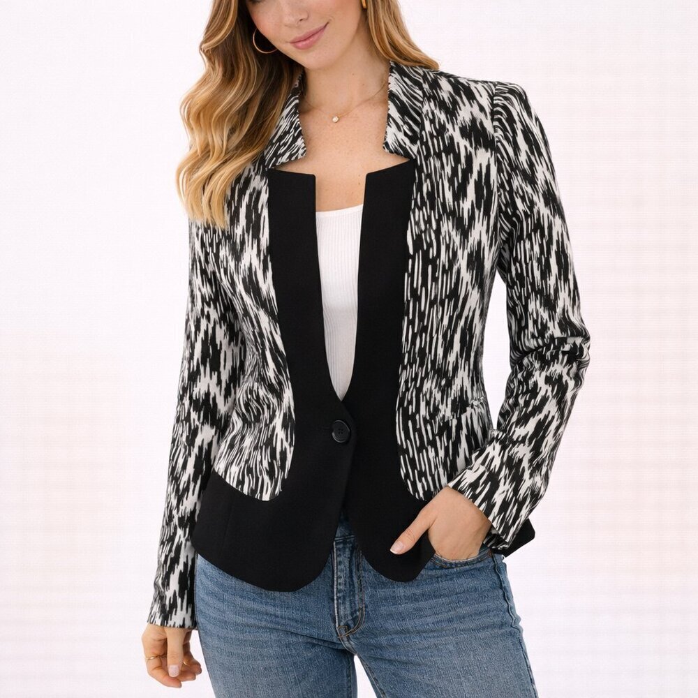 Anthro Yoana Baraschi Ikat Blazer 4 Black White Velvet Panel Statement Jacket